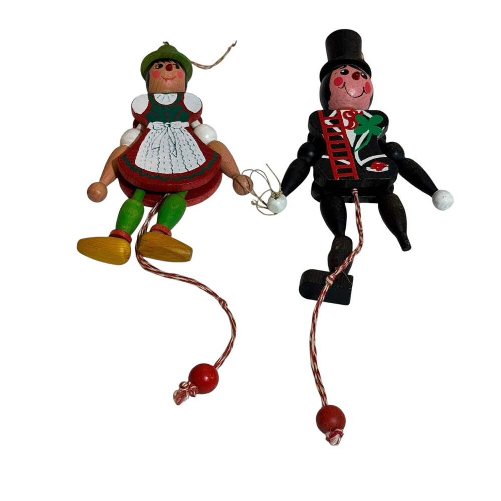 Vintage Austrian Pull String Folk Doll Traditional Dress 6.5" Set Of 2 Flawed